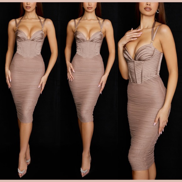NEW $269 House Of Cb [ XS ] JOSEPHINE Taupe Pleated Corset Midi Dress T2013 - Picture 3 of 15